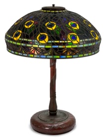 Late 20th Century Leaded Glass & Patinated Bronze "Peacock" Table Lamp