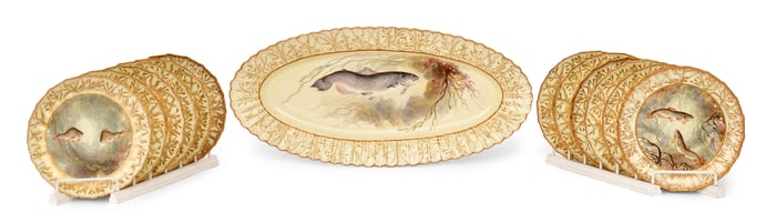 Edwin J.D. Bodley Hand-Painted Porcelain 13-Piece Fish Set, Retailed by Gilman Collamore & Co.