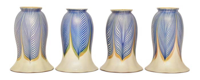 Four Steuben Glass "Pulled Feather" Shades