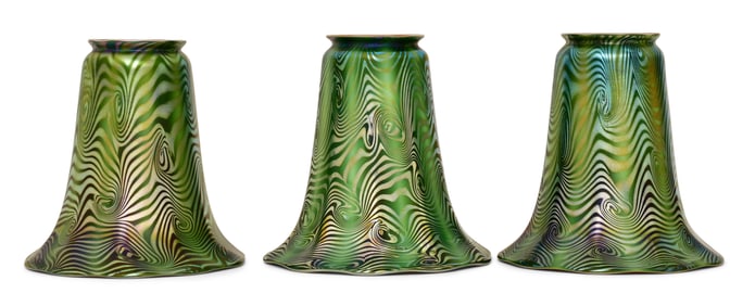 Three Quezal Art Glass "King Tut" Shades