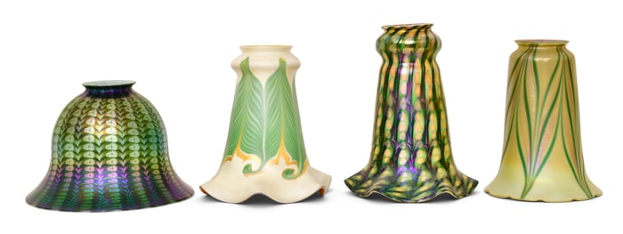 Four Quezal Art Glass Decorated Shades