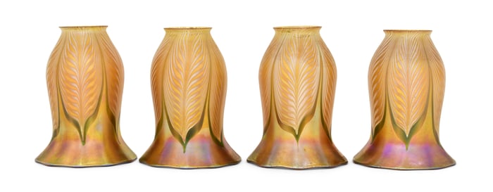 Four Quezal Art Glass "Pulled Feather" Shades