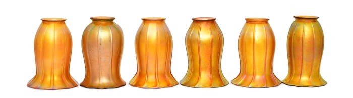 Four Quezal Art Glass Shades & Two American Art Glass Shades
