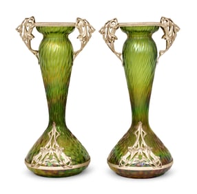 A Pair of Bohemian Pewter-Mounted Art Glass Vases