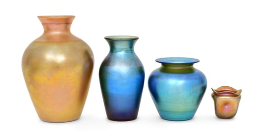 Quezal Art Glass, Three Vases and a Salt Cellar