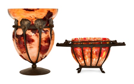 Two Schneider Iron-Mounted Blown Glass Vases