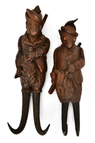 Two Black Forest Carved Fox Whip Hooks with Glass Eyes