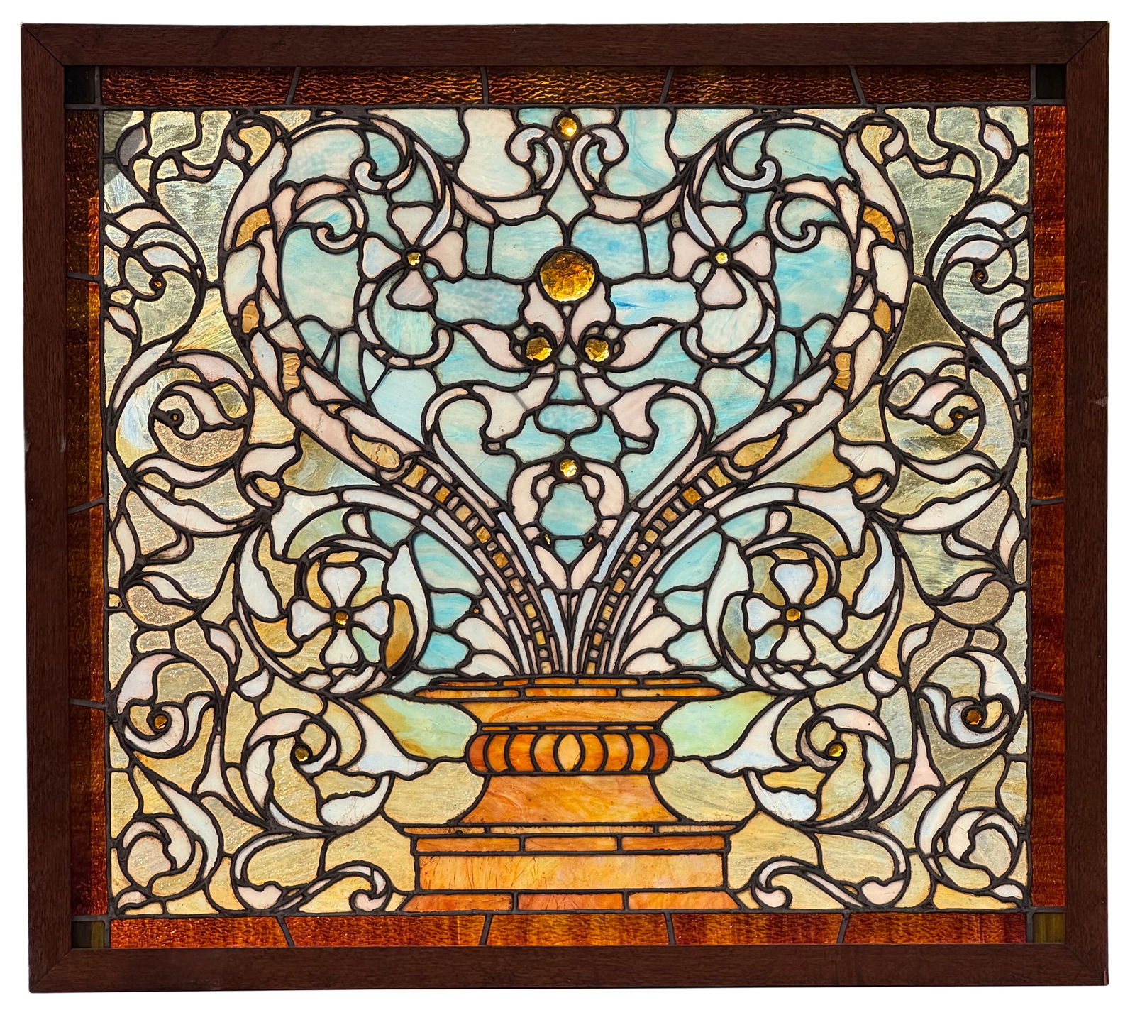 American Chunk & Leaded Glass Window with Urn: American Chunk & Leaded Glass Window with Urnearly 20th century31 x 35 inches (window)34 x 38 inches (frame)