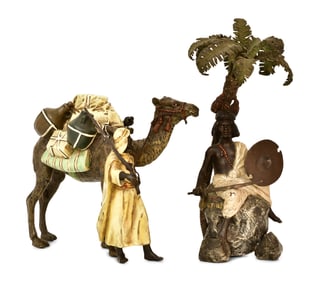 Franz Xaver Bergmann (1861-1936) Cold-Painted Bronze Grouping of a Man & Camel, and an Austrian