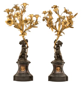 Pair of French Bronze & Marble Figural Candelabra