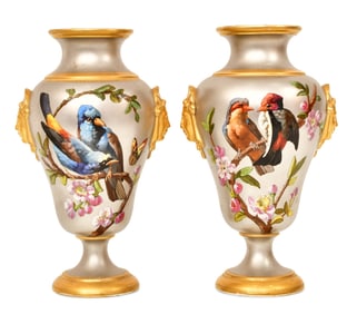 A Pair of French Platinum Ground Porcelain Vases with Birds