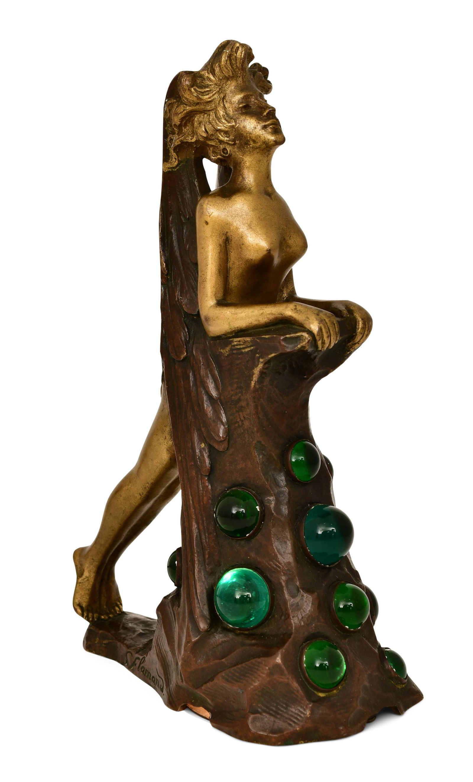 Georges Flamand (French, 1895-1925), Bronze Art Nouveau Figural Lamp: Georges Flamand(French, 1895-1925)Art Nouveau Figural Lampgilt & patinated bronze, glasssigned "G. Flamand"9 x 3 1/4 x 5 3/4 incherProvenance: Private Collection, Florida