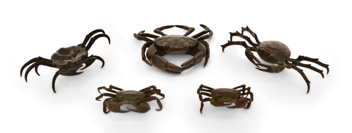 Lot of Five Patinated Bronze Figures of Crabs