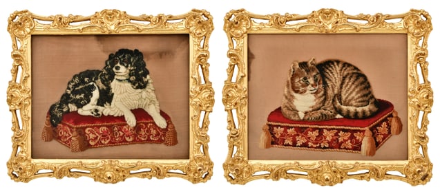 Two 19th Century Framed Puffy Needlepoints of a Dog & Cat