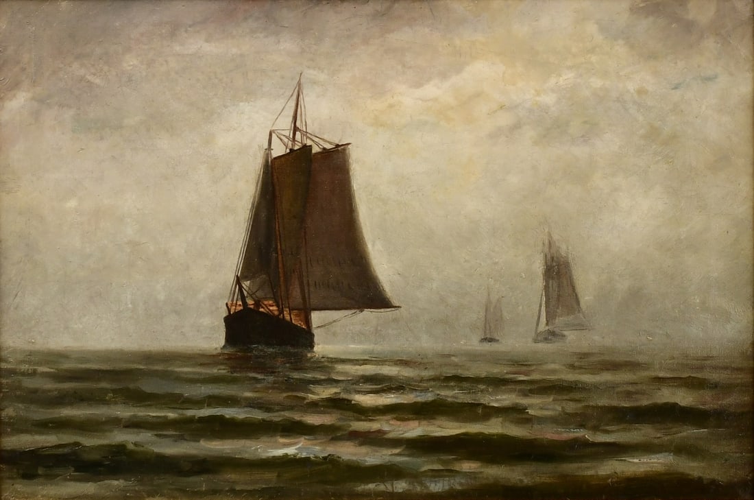 American Sailing Ship Painting, Late 19th Century, Oil on Canvas, Signed "W. Wood": American Sailing Ship Painting, Late 19th Century, Oil on Canvas, Signed "W. Wood"11 1/2 x 17 1/2 inches (sight)20 1/2 x 26 1/2 inches (frame)Provenance: Private Collection, Brooklyn