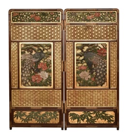 Japanese Carved & Polychrome-Painted Two-Panel Screen