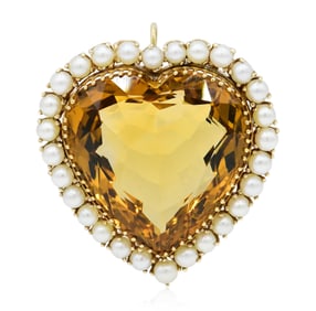 14K Yellow Gold, Citrine & Pearl Heart Brooch/Pendant
