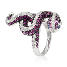 14K White Gold, Diamond, Ruby & Sapphire Snake Ring