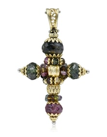 18K Yellow Gold & Beaded Gemstone Cross Pendant