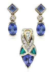 14K Yellow Gold, Diamond, Tanzanite & Opal Pendant with Earrings