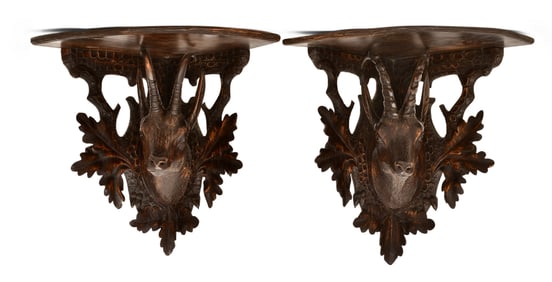 Pair of Black Forest Carved Wood Figural Corner Shelves