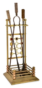 American Aesthetic Movement Brass & "Jeweled" Glass Fireplace Tool Set