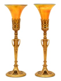 A Pair of American Art Deco Gilt Bronze & Art Glass Lamps