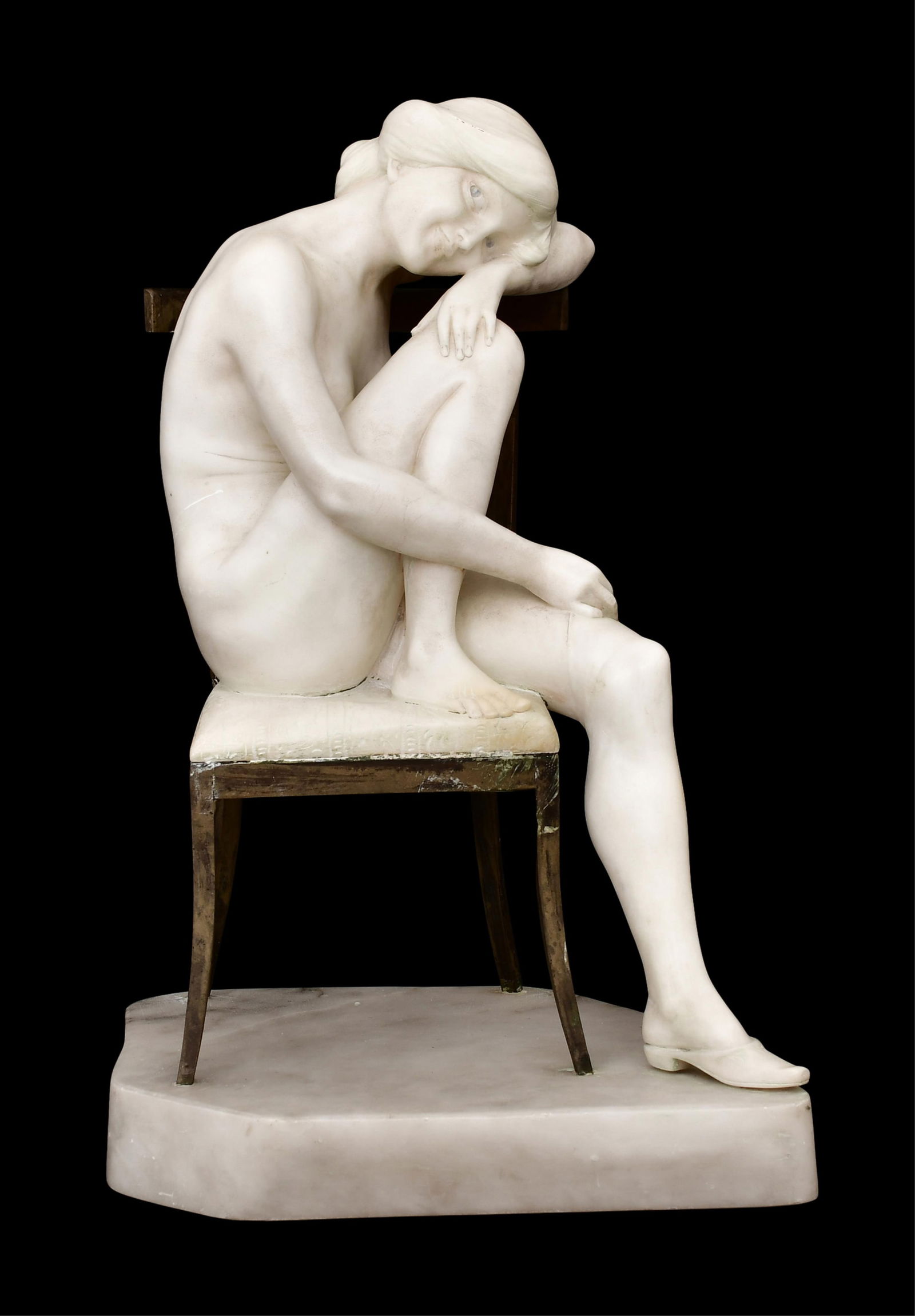 A Marble Sculpture of a Female Nude Seated in a Chair: A Marble Sculpture of a Female Nude Seated in a Chairlate 19th century16 1/2 x 9 3/4 x 9 inchesProvenance: Private Collection, Florida