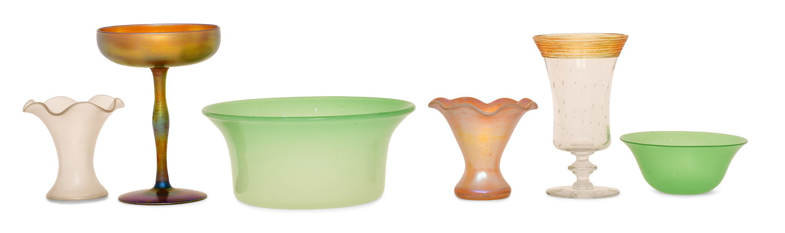 Lot of Seven Steuben Glass Pieces: Steuben Glass Works(Corning, New York, est. 1930)Lot of Seven Piecesearly 20th centuryiridescent glasseach marked to the underside7 x 5 inches (tallest)Provenance: Private Collection, Pennsylvania