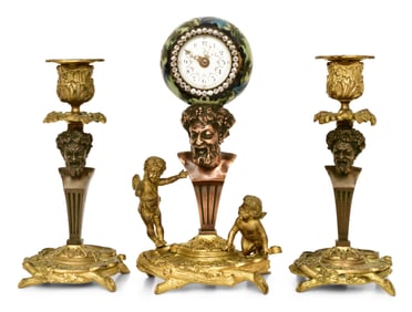 French Enamel, Gilt & Patinated Metal Figural Clock Garniture