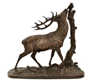 Pierre-Jules Mene (French, 1810-1879), Bronze Sculpture of an Elk Foraging