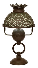 American Bronze Overlay Lamp with Cased Glass Shade