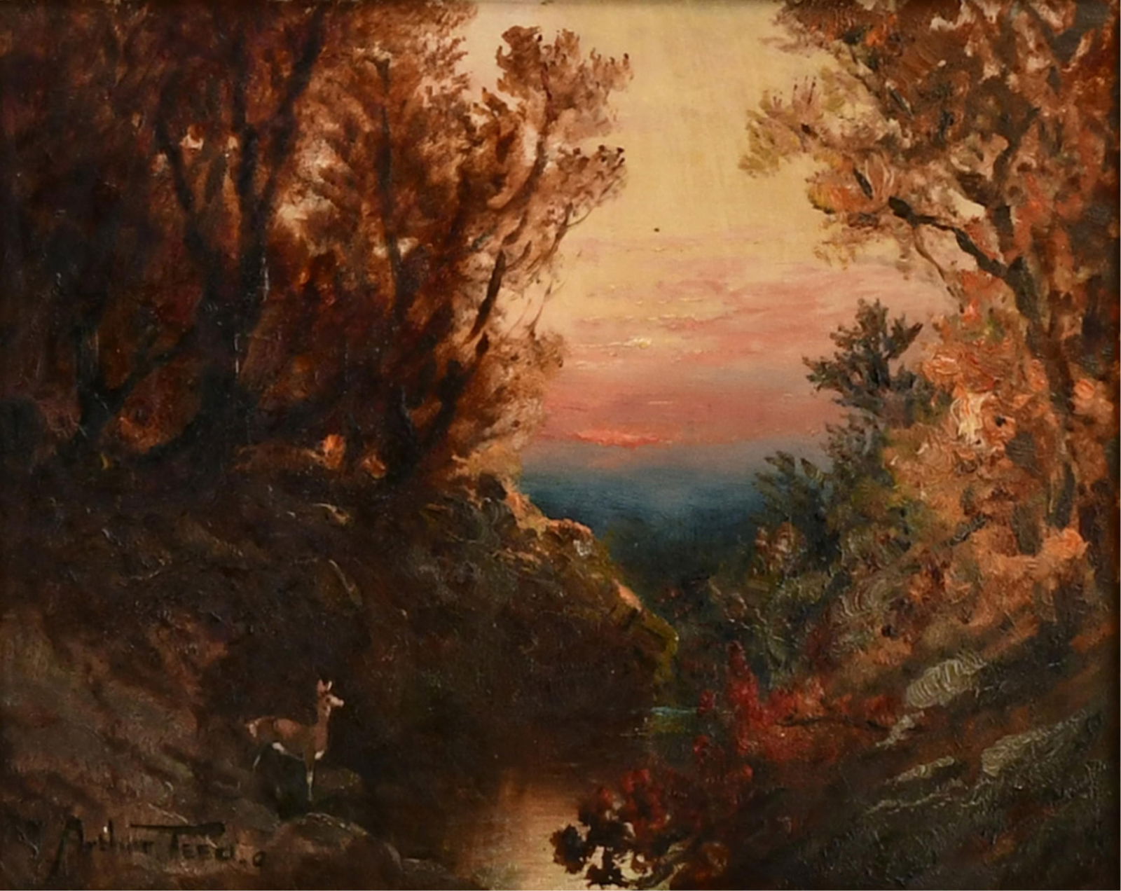 Douglas Arthur Teed (American, 1864-1929), Sunset Landscape with Deer: Douglas Arthur Teed(American, 1864-1929)Sunset Landscape with Deeroil on boardsigned and dated "Douglas Arthur Teed, 90" (lower left)7 3/4 x 9 3/4 inches (sight)18 3/4 x 20 3/4 inches (frame