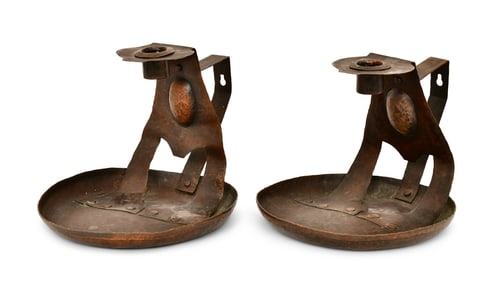 Pair of American Arts & Crafts Hammered Copper Candlesticks