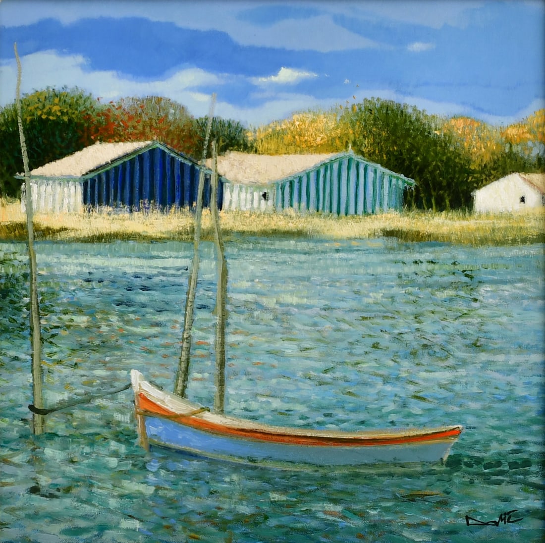 Dominique Dorie (French, b. 1958), "Petit Rout d'Arcachon": Dominique Dorie(French, b. 1958)"Petit Rout d'Arcachon"oil on canvassigned "Dorie" (lower right); and inscribed "Petit Rout d'Arcachon, Dorie" (verso)15 1/2 x 15 1/2 inches (sight)26 x 26 inches (fram