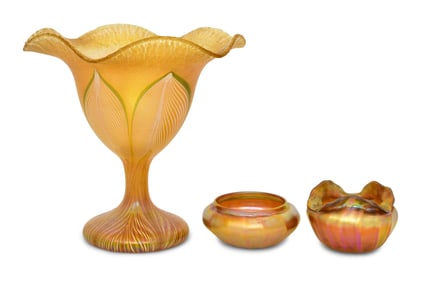 Quezal Art Glass, Two Vases and a Salt Cellar