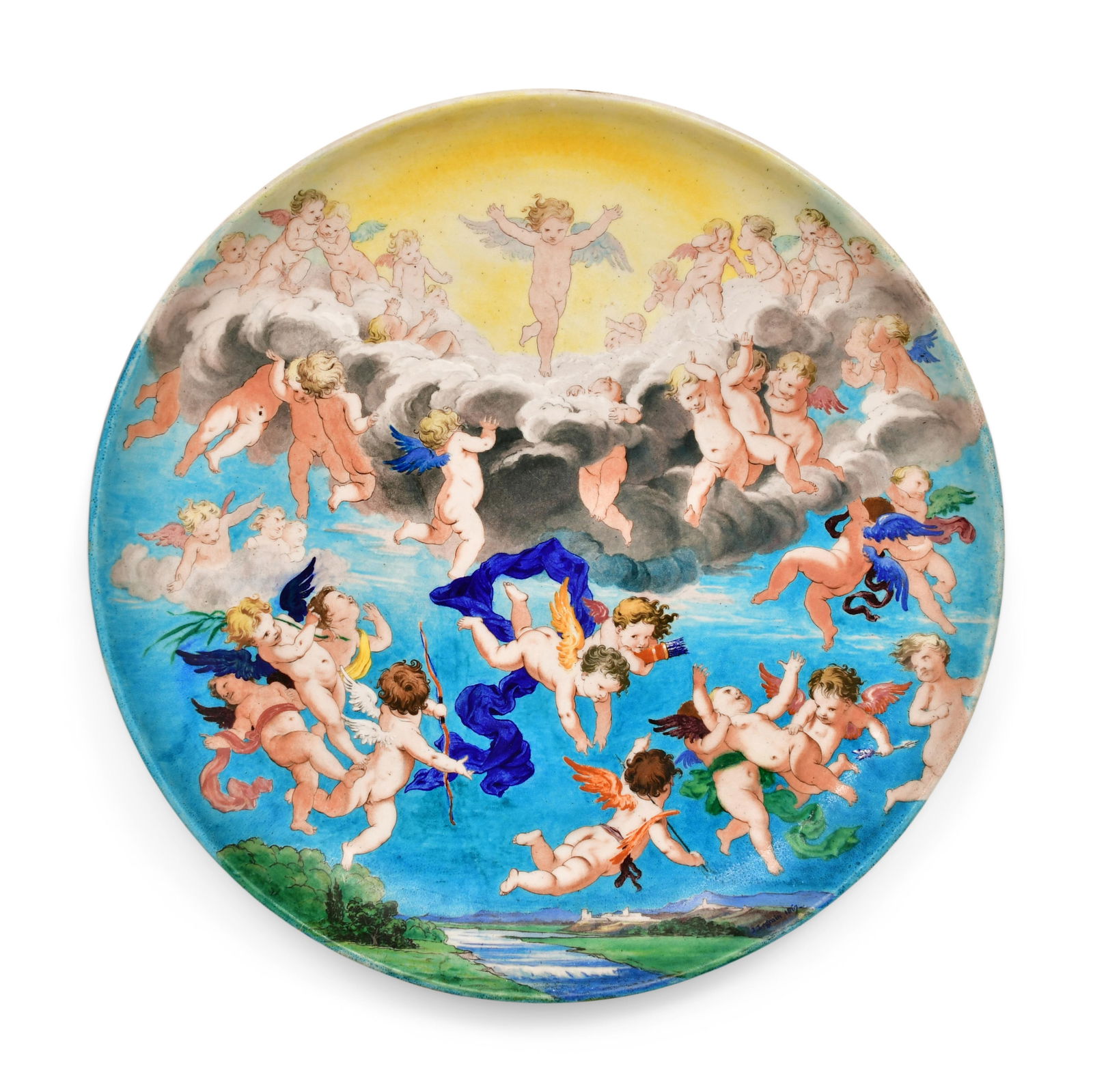 French Art Nouveau Enameled Porcelain Charger, Theodore Deck: French Art Nouveau Enameled Porcelain Charger, Theodore Deckcirca 1867decorated with cherubs in the clouds and a landscape, marked "TH. Deck, 1867"24 in. diameter