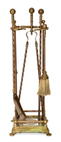 American Aesthetic Movement Brass & Earthenware Fireplace Tool Set