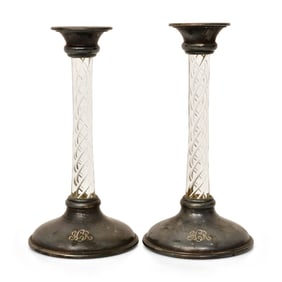 A Pair of Asprey Sterling Silver & Latticino Glass Candlesticks