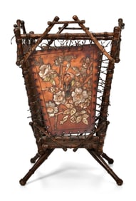 American Aesthetic Movement Faux Bamboo & Tooled Leather Waste Basket