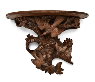 Black Forest Carved Wood Wall Shelf with Birds