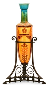 English Porcelain & Wrought Iron Floor Vase