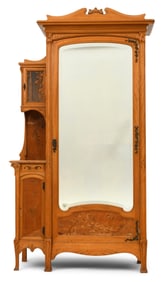 French Art Nouveau Marquetry & Carved Walnut Armoire