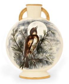 Tot Steele for Owens Pottery Co., Two-Handled Pillow Vase with Deer and Bird