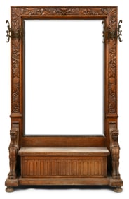 American Carved Oak Hall Tree with Winged Griffins