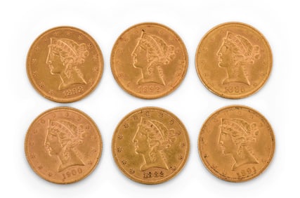 Six American Liberty Head $5 Gold Coins, 1886S, 1900, 1882, 1892, 1898 & 1891CC