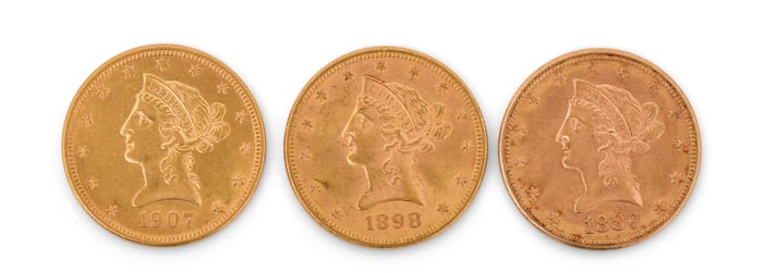 Three American Liberty Head $10 Gold Coins, 1907D, 1898 & 1889S