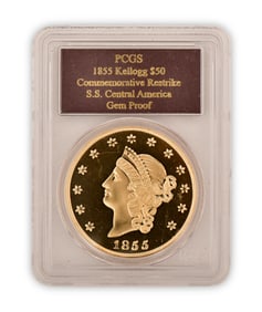 1855 Kellogg $50 Gold Coin Commemorative Restrike, S.S. Central America Gem Proof