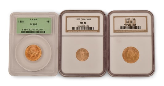 Three American Graded $5 Gold Coins, 1881, 1900 & 2005
