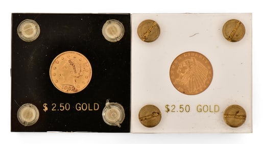 Two American $2.5 Gold Coins, 1902 Liberty Head & 1927 Indian Head